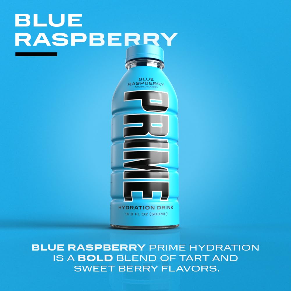 PRIME Hydration BLUE RASPBERRY, Sports Drinks, Electrolyte Enhanced for Replenishing Fluids, 250mg BCAAs, B Vitamins, Antioxidants, Low Sugar, 16.9 Fl Oz, 12 Pack