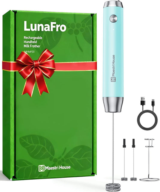 Maestri House Rechargeable Milk Frother with Stand, Handheld Electric Foam Maker Waterproof Detachable Stainless Steel Whisk Drink Mixer Foamer for Lattes, Cappuccino (Soft Aqua(Gift Box))