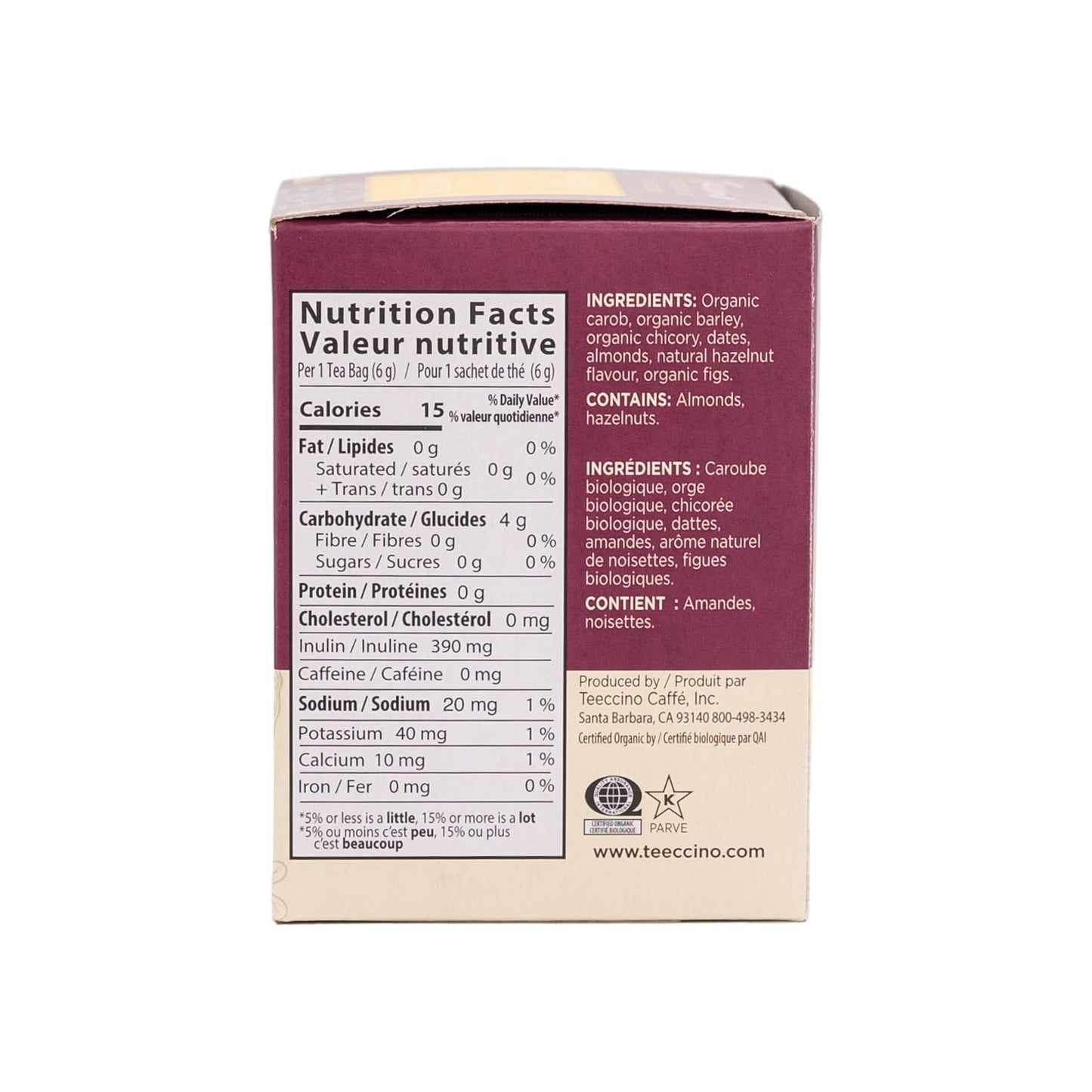 Teeccino Hazelnut Herbal Tea - Rich & Roasted Herbal Tea That’s Caffeine Free & Prebiotic for Natural Energy, 10 Tea Bags (Pack of 4)