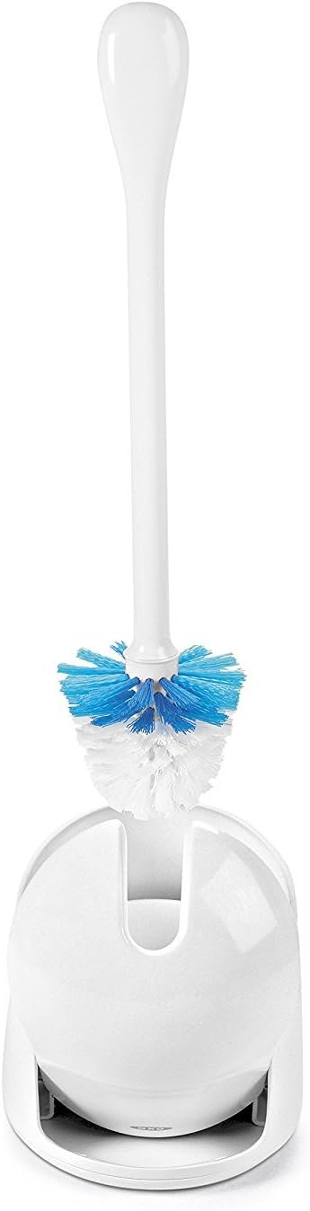OXO Good Grips Compact Toilet Brush & Canister, Toilet Bowl Brush and Holder with Automatic Canister Door, Bathroom and Small Spaces Cleaning Supplies Essential
