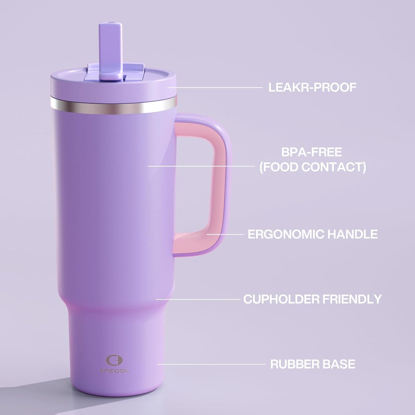 40 oz Tumbler with Handle and Straw: Stainless Steel Insulated Tumbler Keeps Cold for 24 Hours, Leakproof Travel Cup Fits in Cup Holder and BPA-Free, Mauve