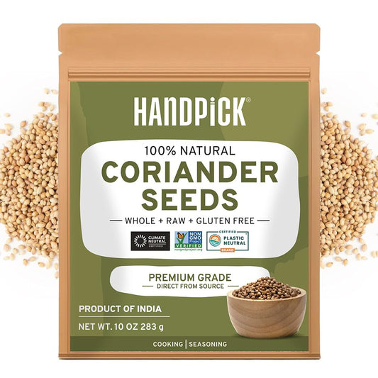HANDPICK Whole Coriander Seed (283g/10oz) Premium Grade | Pure & Flavorful Coriander Seeds - Indian Origin | Non GMO, Gluten Free | Perfect for Cooking & Seasoning | Resealable Ziplock Pouch