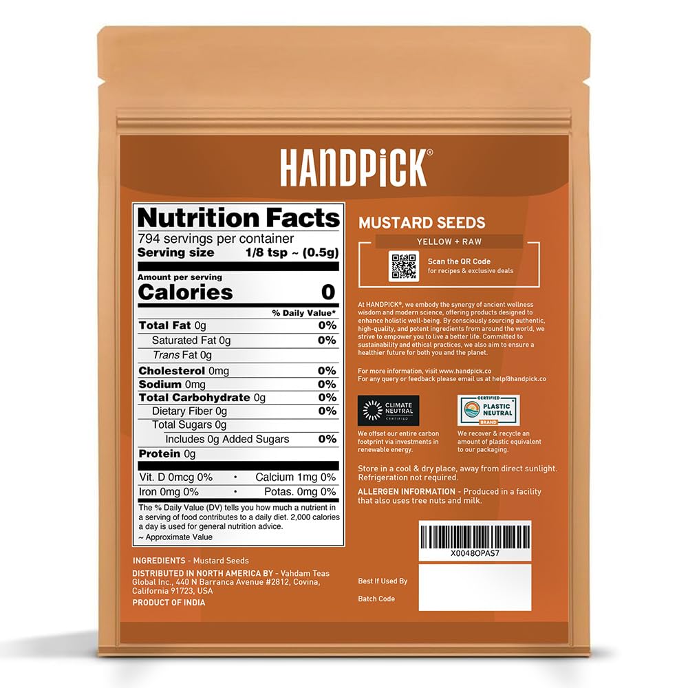 HANDPICK Yellow Mustard Seed (397g/14oz) Non GMO, Gluten Free, 100% Raw, Sourced from India, For Cooking, Pickles, Packed in Resealable Ziplock Pouch