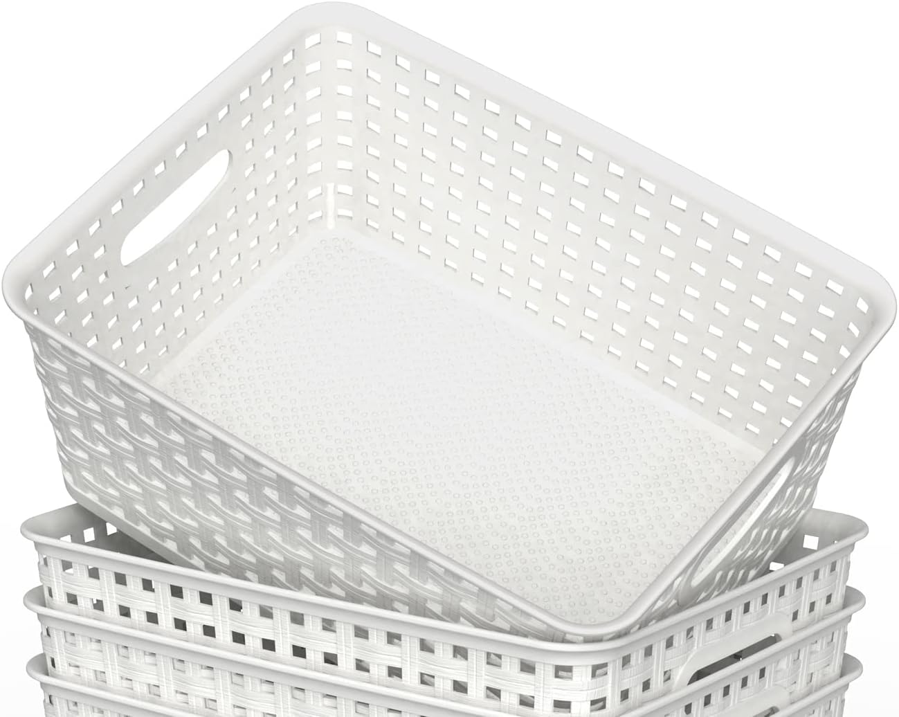 Woven Plastic Storage Baskets, 6 Pack White Weave Bins Organizer, 10.1" x 7.55" x 4.1"