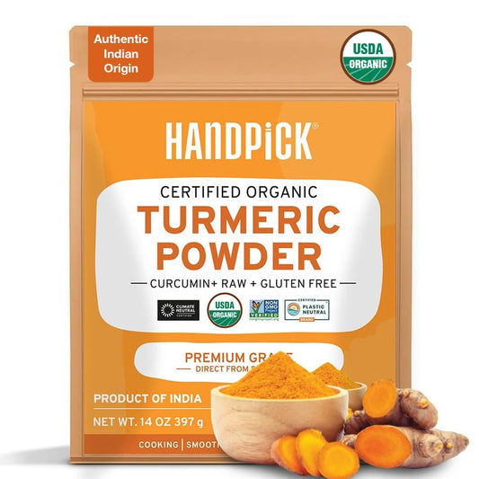 HANDPICK, Organic Turmeric Powder with Curcumin (397g/14oz) | Authentic Indian Origin | Gluten Free | Made from Turmeric Root