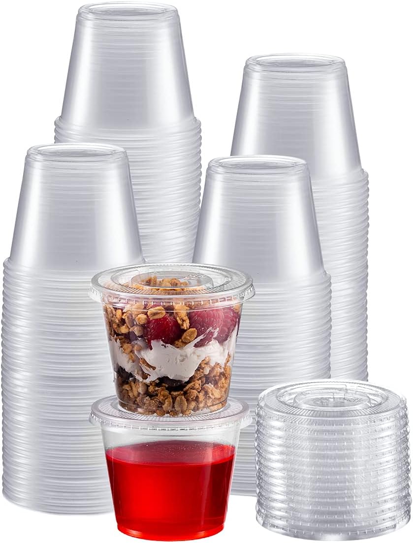 Portion Cups with Lids (5.5 Ounces, 200 Pack) | Disposable Plastic Cups for Meal Prep, Portion Control, Salad Dressing, & Medicine | Small Plastic Condiment Container