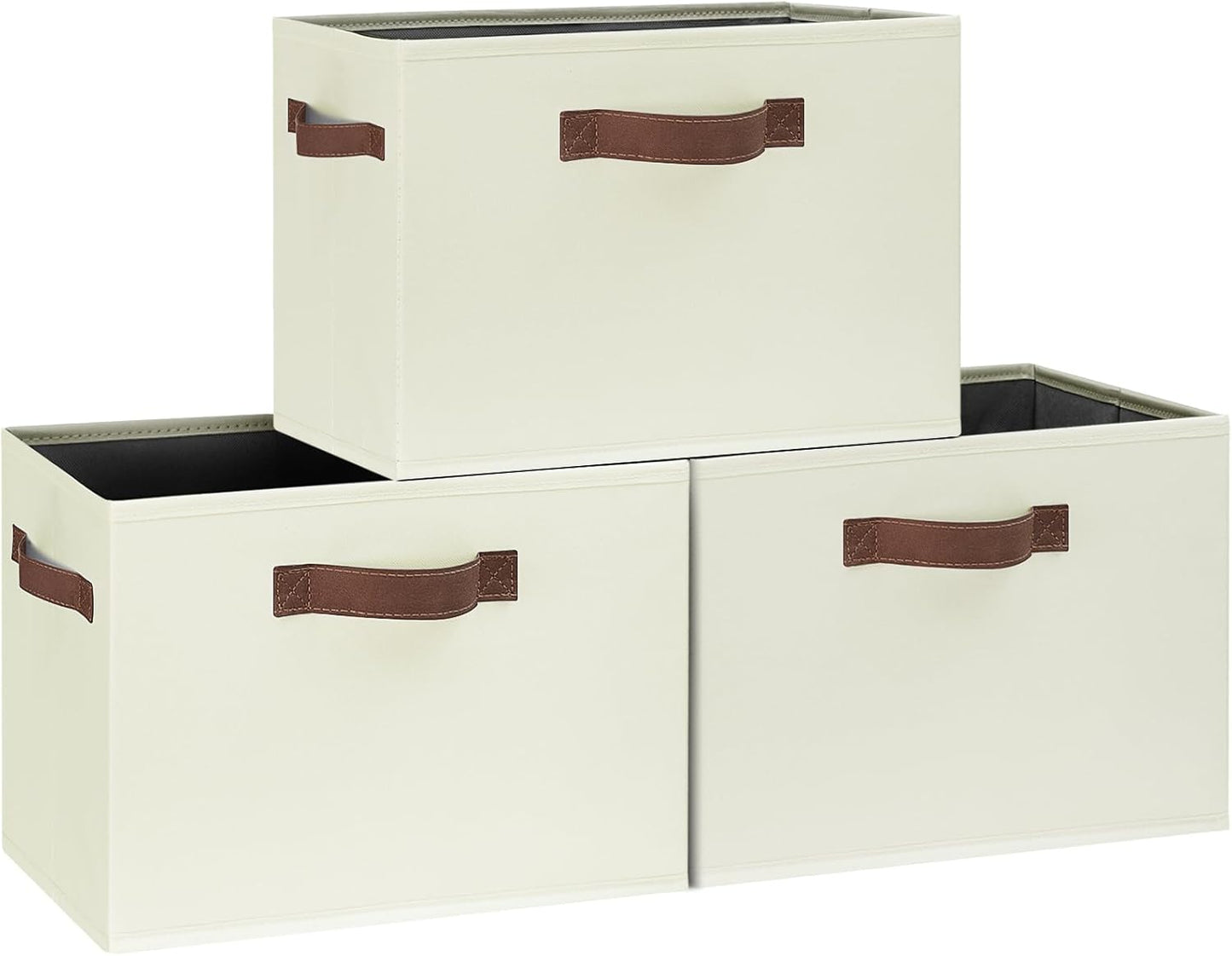 GhvyenntteS Large Fabric Storage Bins with 3 Handles, 15x11x9.6 Inch Storage Baskets for Shelves, Foldable Closet Storage Bins for Shelves, Closet Organizers and Storage Boxes, Beige