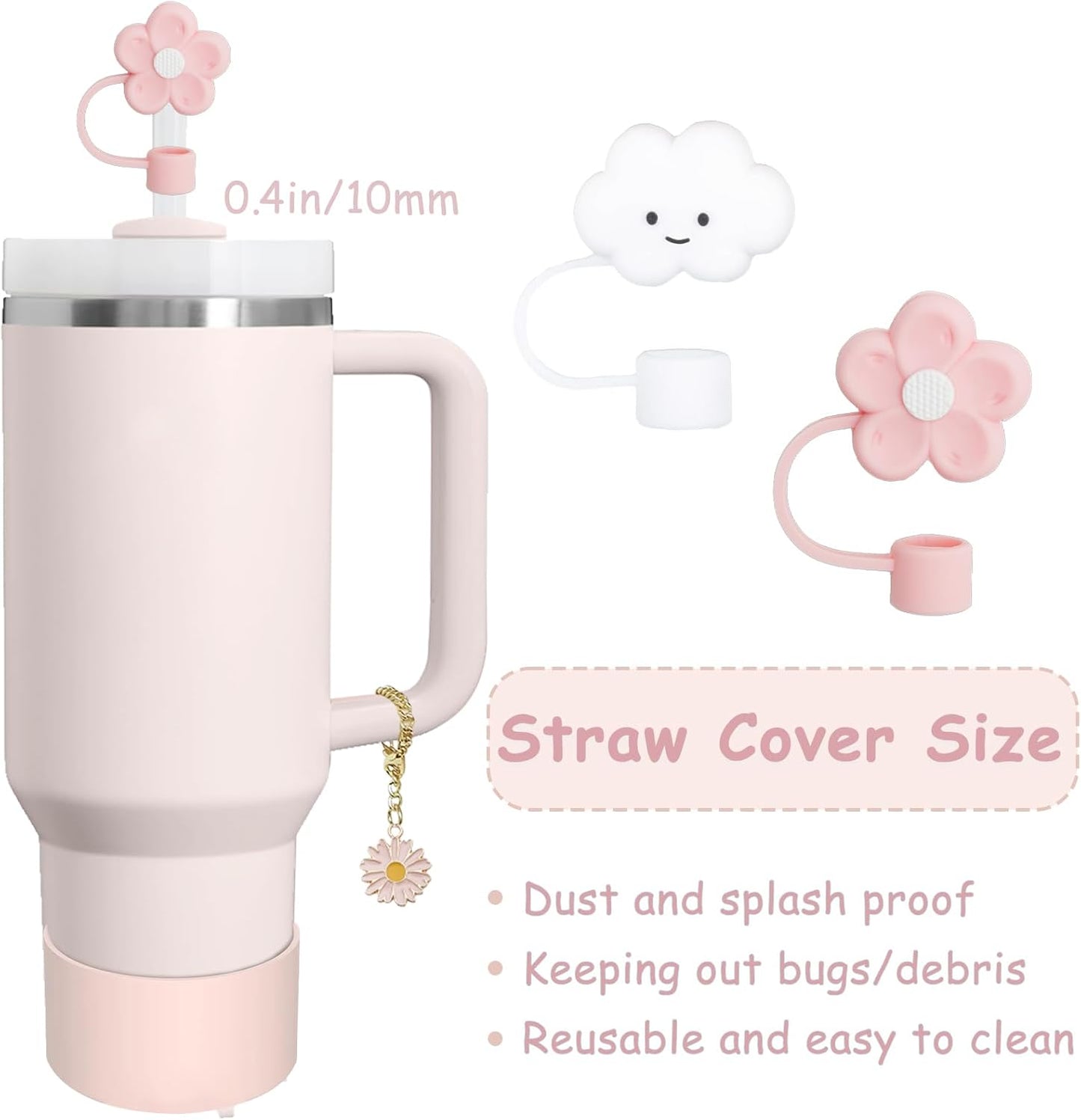 Stanley Cup Accessories Set,Including 2 Pcs 0.4in Straw Cover, 1 Silicone Spill-Proof Stopper Set of 3, 1 Cute Butterfly Handle Charm, 1 Silicone Boot Fits Stanley 40&30 Oz Tumbler (Rose Quartz)