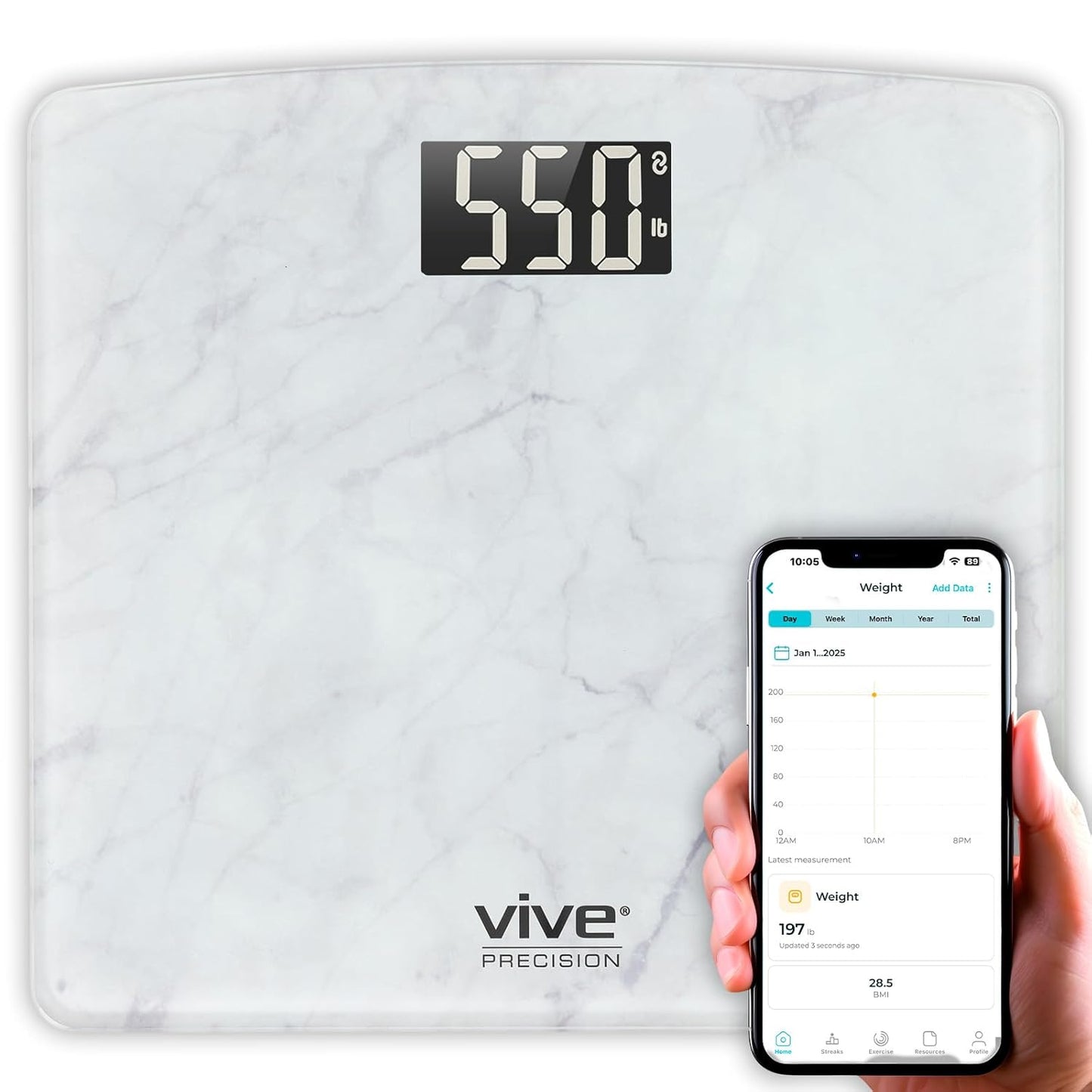 Vive Smart Body Weight Scale (500lbs Capacity) - Heavy Duty Bariatric Digital Scale for BMI - Plus Size, Large Display - Bathroom Device for Health Extra Wide Base & Smartphone Connectivity