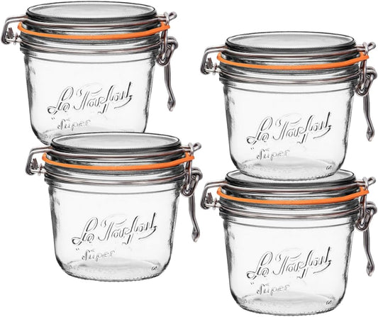 Le Parfait Super Terrine Jar | 16oz/ Pint (Pack of 4) 500ml French Glass Jar, Airtight Rubber Seal & Glass Lid | Glass Jars for Kitchen Organization and Storage Containers for Kitchen Essentials