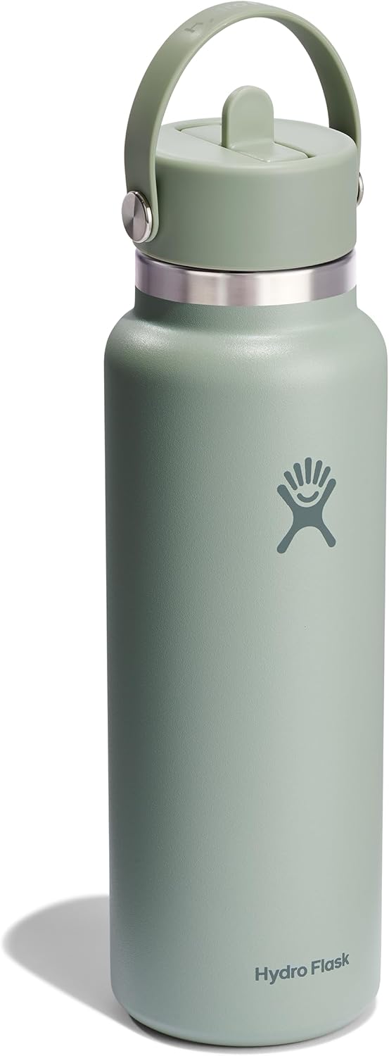 Hydro Flask Water Bottle - Insulated Stainless Steel - Wide Mouth Flex Straw Lid, Non Spill, Leakproof and Refillable in 40 Oz Tonal Agave