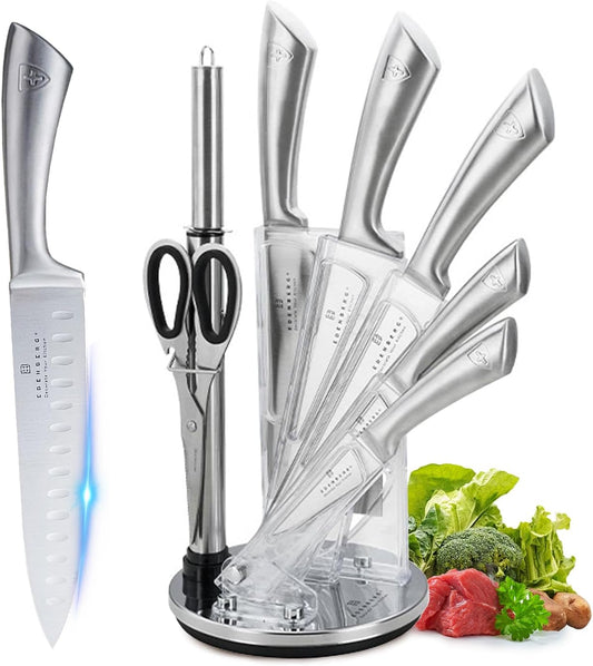 Kitchen Knife Set, Retrosohoo 9-Piece Silver Sharp Non-Stick Coated Chef Knives Block Set,Stainless Steel Knife Set for Kitchen with Sharpener for Cutting Slicing Dicing Chopping (Silver)