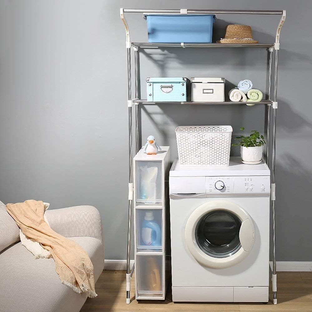 BAOYOUNI 2-Layer Over Washing Machine Storage Rack Utility Metal Bathroom Shelf 6-Hook Space Saver Width Adjustable Organization for Laundry Room Toilet (62-101cm, Ivory)