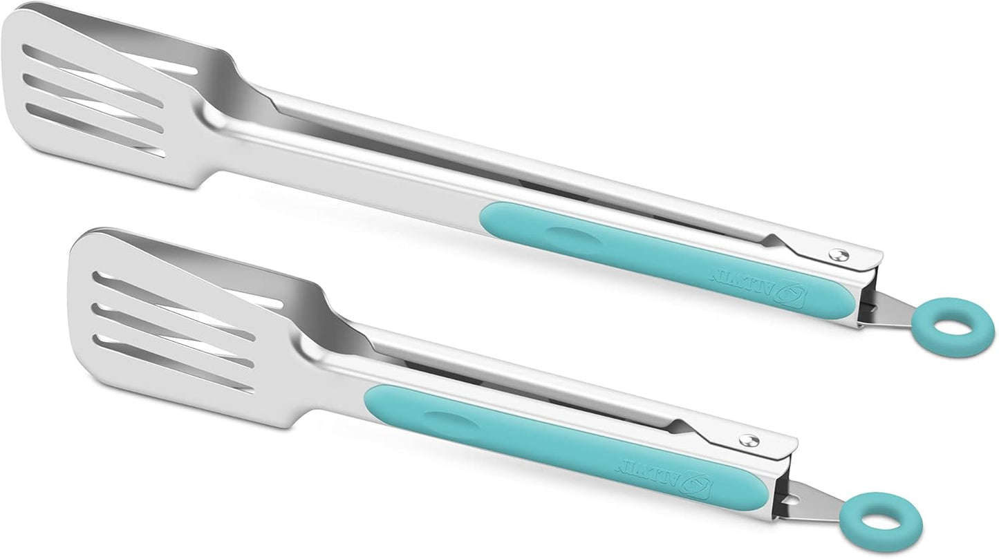 Premium 304 Stainless Steel Barbecue Turners, Heavy Duty Non-Stick BBQ Cooking Kitchen Tongs, 9" and 12" Aqua Sky