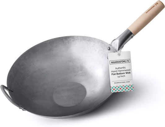 Mammafong Flat Bottom Carbon Steel Wok Pan - Authentic Hand Hammered Woks and Stir Fry Pans - 14" Pow Wok