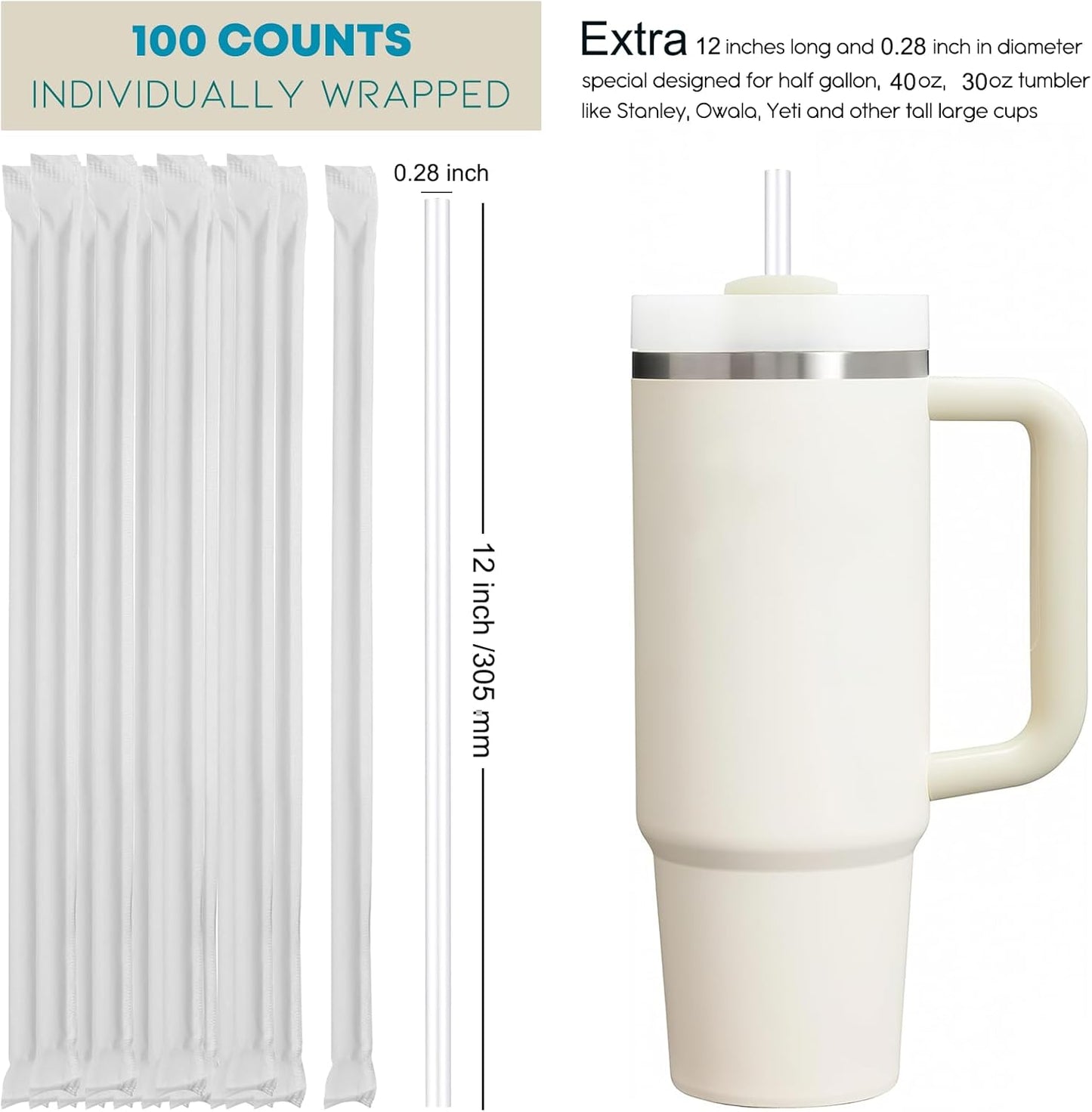ALINK 100 Pcs Long Plastic Disposable Straws for 40 OZ Tumbler, 12 inch Clear Straws for Stanley Owala Yeti 30 oz 40 oz Cups, Half Gallon Jugs, Individually Wrapped