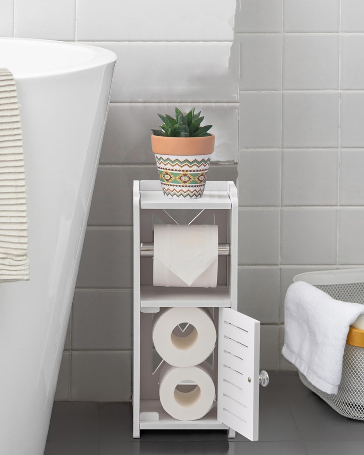 AOJEZOR Toilet Paper Holder Stand: Free Standing PVC Bathroom Cabinet - Small Bathroom Storage for Apartment Dwellers - White