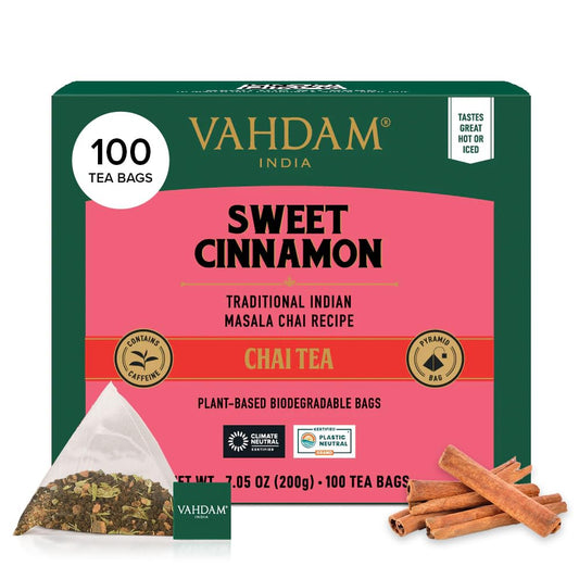 VAHDAM, Sweet Cinnamon Tea | 100 Tea Bags | 100% Natural Spices | Cinnamon Masala Chai Tea Recipe | Spiced Chai Tea Bag | Brew as Hot or Iced