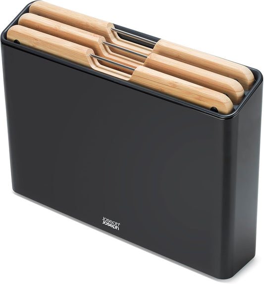 Joseph Joseph Folio 3-Piece Premium Bamboo Cutting Board Set, Slimline Stainless Steel Case for Organized Kitchen Storage