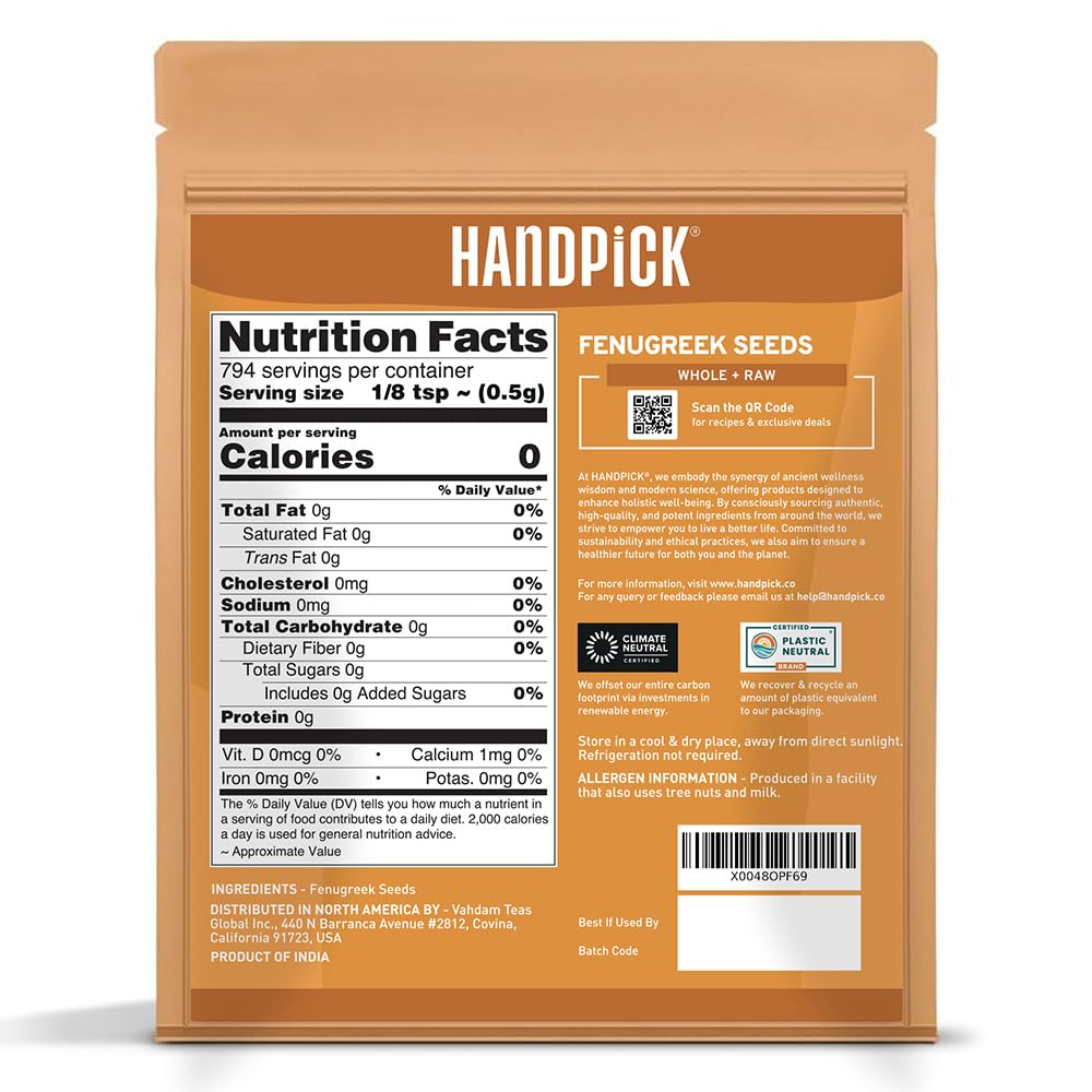 HANDPICK Fenugreek Seeds (14oz) ALL NATURAL Fenugreek - Indian Origin Whole Methi Seeds (Trigonella Foenum Graecum) Fenogreco En Semillas | Resealable Ziplock Pouch