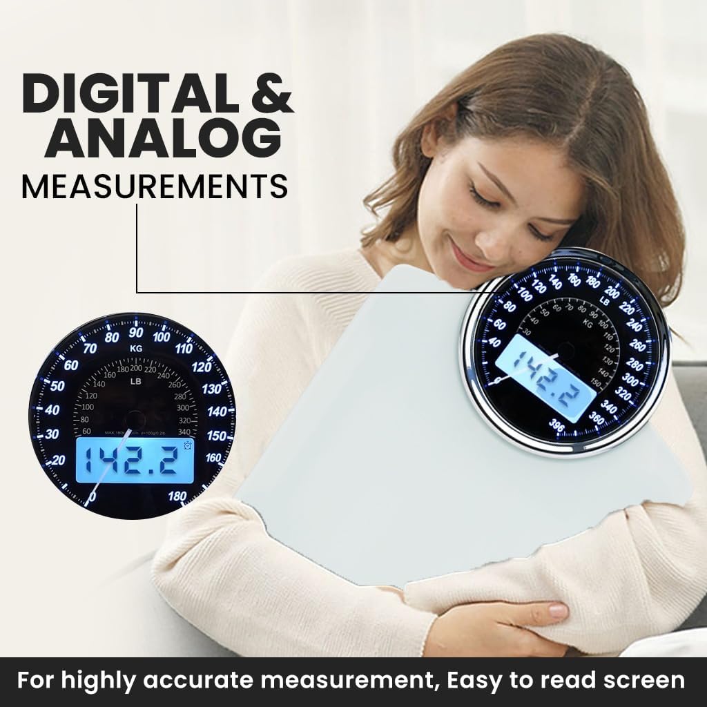 EILISON Highly Advance 2-in-1 Digital & Analog Weighing Scale for Body Weight-400lbs, 4 High Precison GX Sensor Accurate, Thick Tempered Glass, Extra Large Display (White)