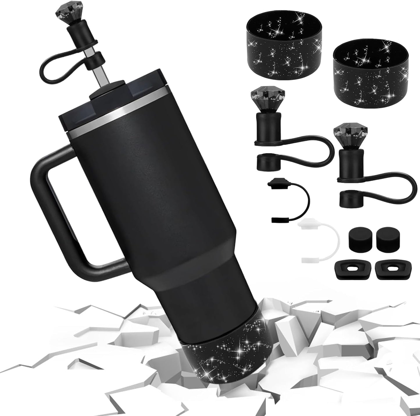 Mity rain Set for Stanley Cup Accessories, Including 2Pcs Straw Topper, 4 Pcs Silicone Spill Proof Stopper, 2Pcs Protective Glitter Silicone Boot, Set for Stanley Cup 40/30 OZ(2 Black)
