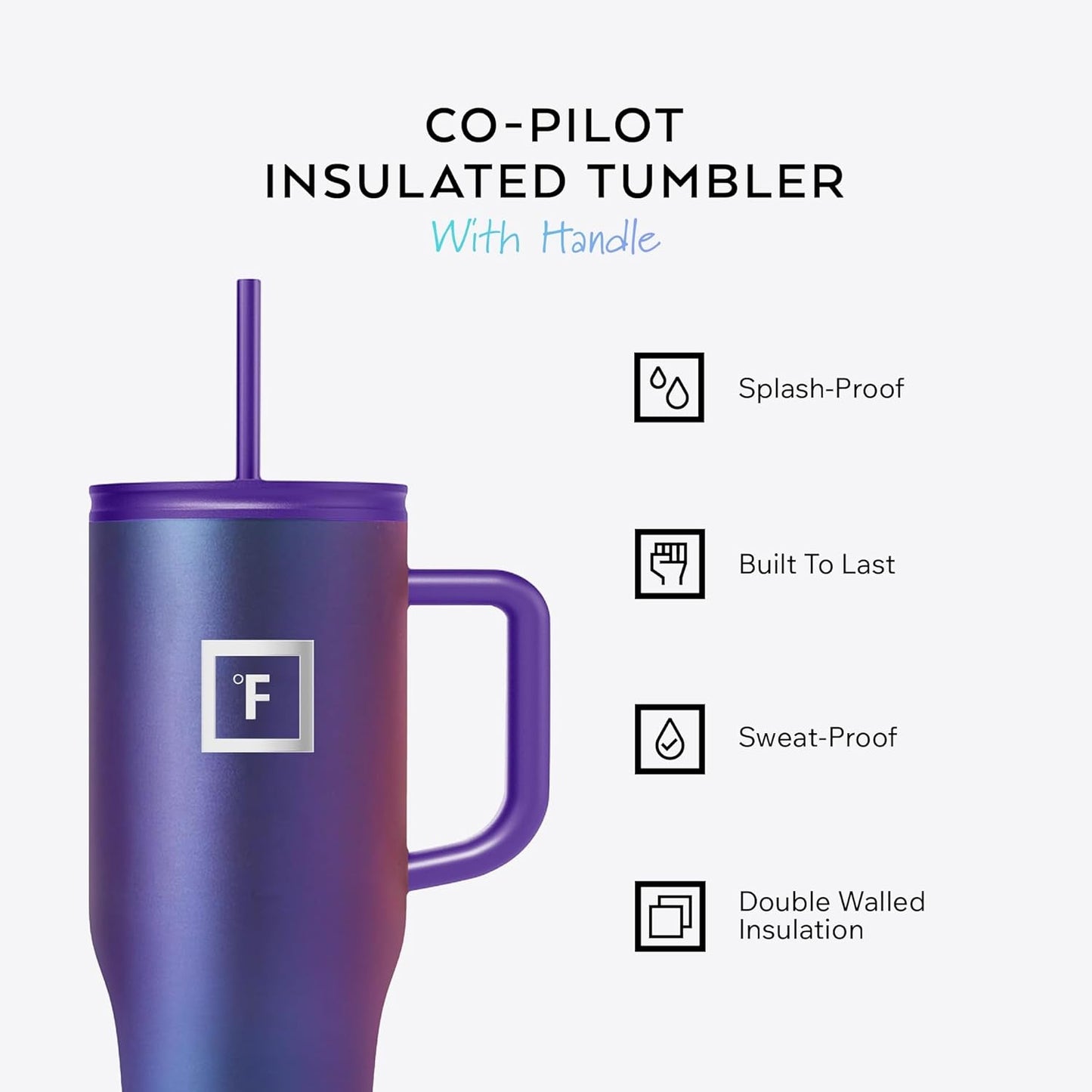 IRON °FLASK Co-Pilot Insulated Mug w/Straw & Flip Cap Lids - Cup Holder Bottle for Hot, Cold Drink - Leak-Proof - Water, Coffee Portable Travel Mug - Twilight Blue, 32 Oz