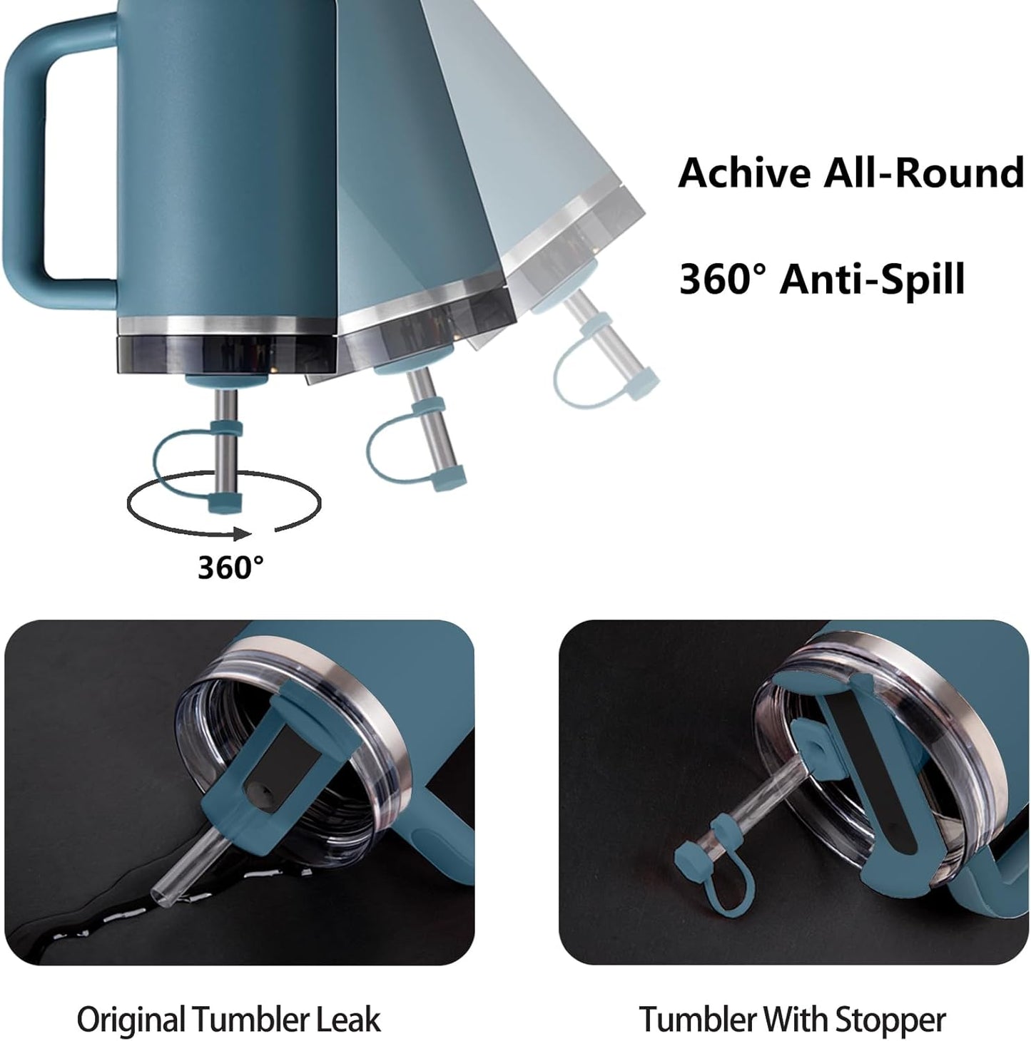 Silicone Spill Stopper Set Compatible with Stanley Cup 2.0 30oz & 40oz with Straw Cover (Set of 2, Blue Spruce)