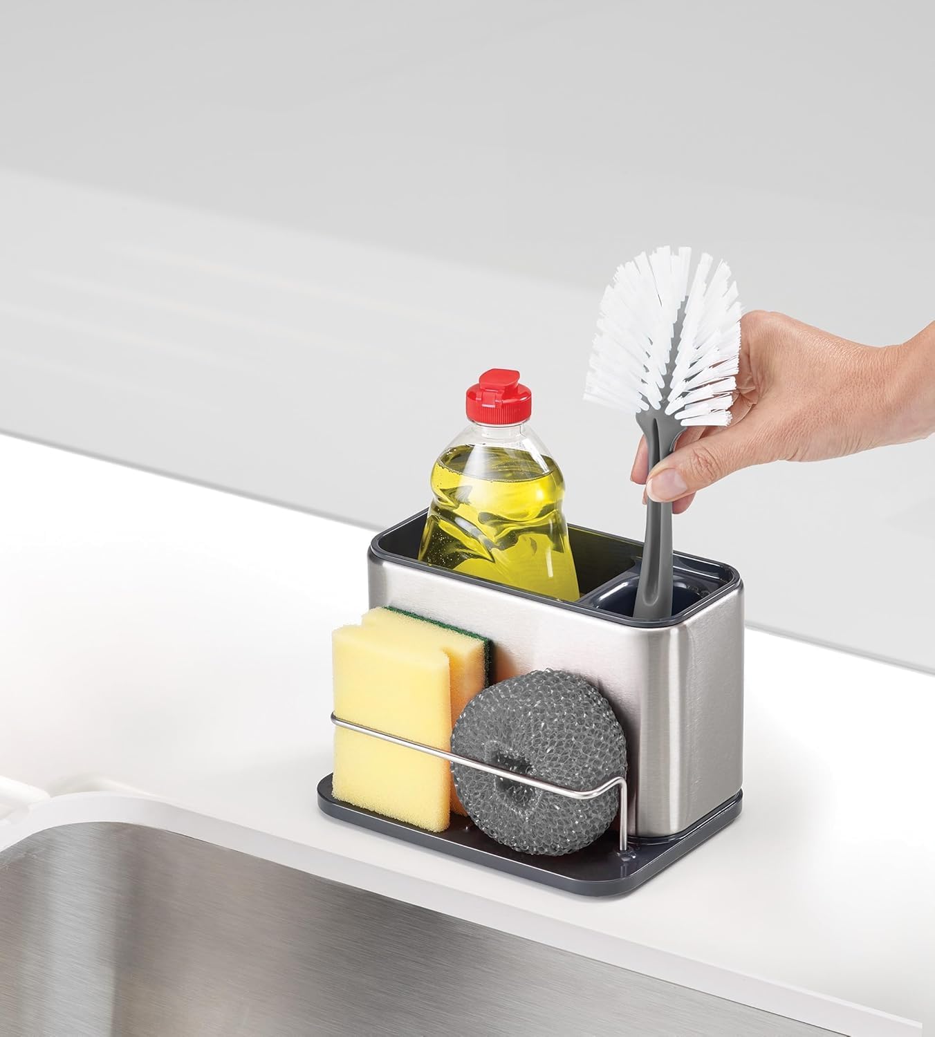 Joseph Joseph Surface Sink Caddy Stainless Steel Sponge Holder Organizer for Kitchen, Large, Grey