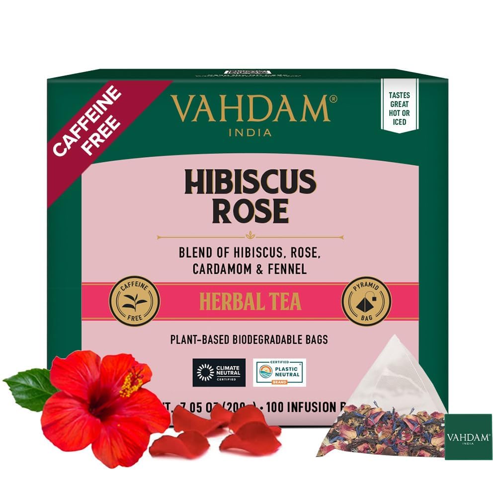 VAHDAM, Hibiscus Rose Tea Bags - 100% Whole Hibiscus Flowers Herbal Tea Bags (100 Count) With Rose, Chamomile & Exotic Spices | Caffeine Free, Floral Flavor Tisane | Resealable Ziplock Pouch