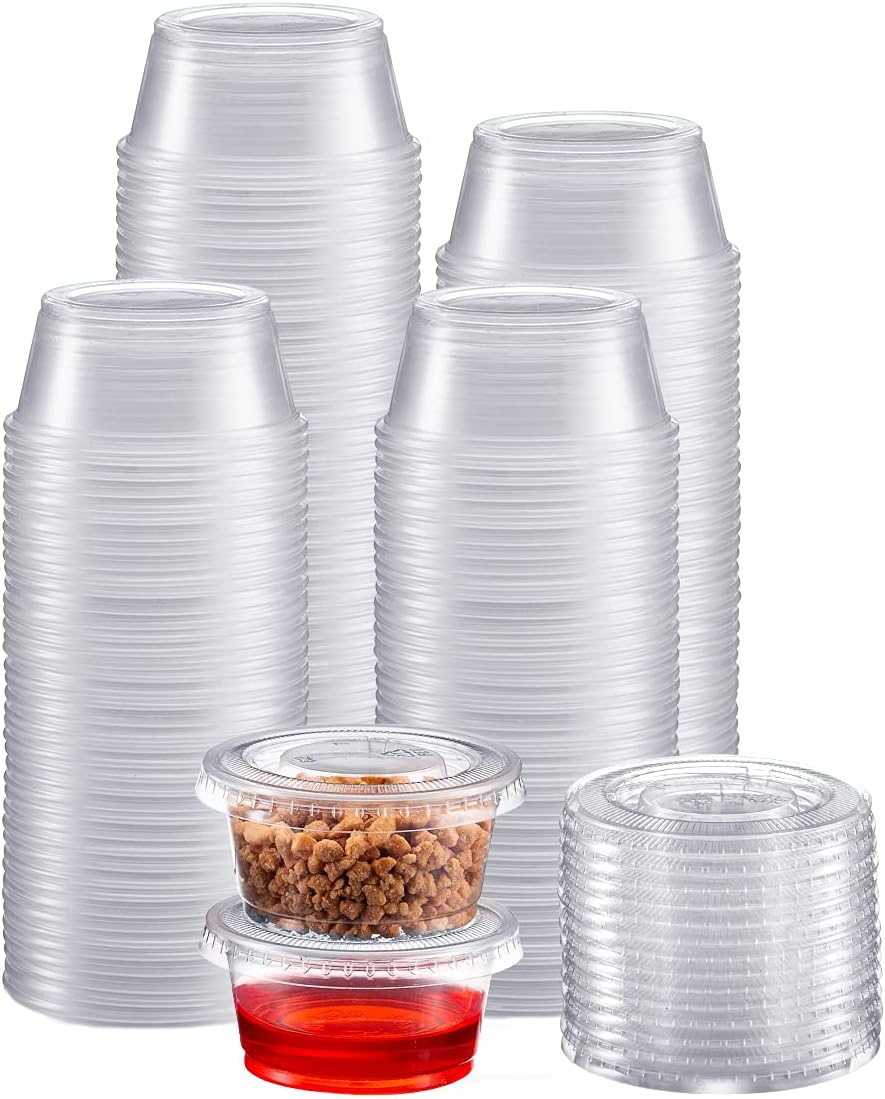 Portion Cups with Lids (3.25 Ounces, 200 Pack) | Disposable Plastic Cups for Meal Prep, Portion Control, Salad Dressing, & Medicine | Small Plastic Condiment Container
