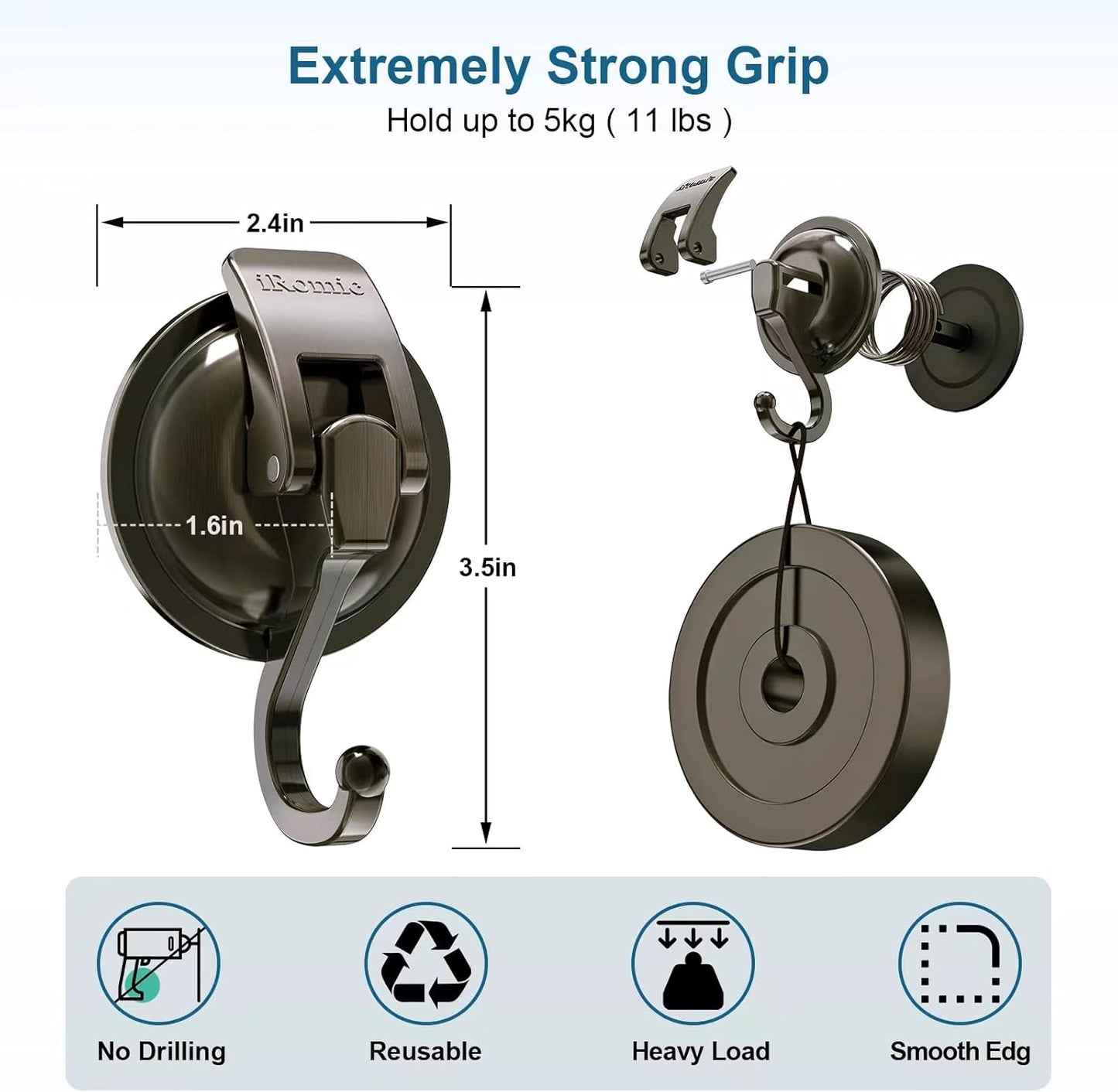 Heavy Duty Vacuum Suction Cup Hooks (2Pack) for Shower,Glass Window,Kitchen&Bathroom&Restroom Organization，Green Bronze.