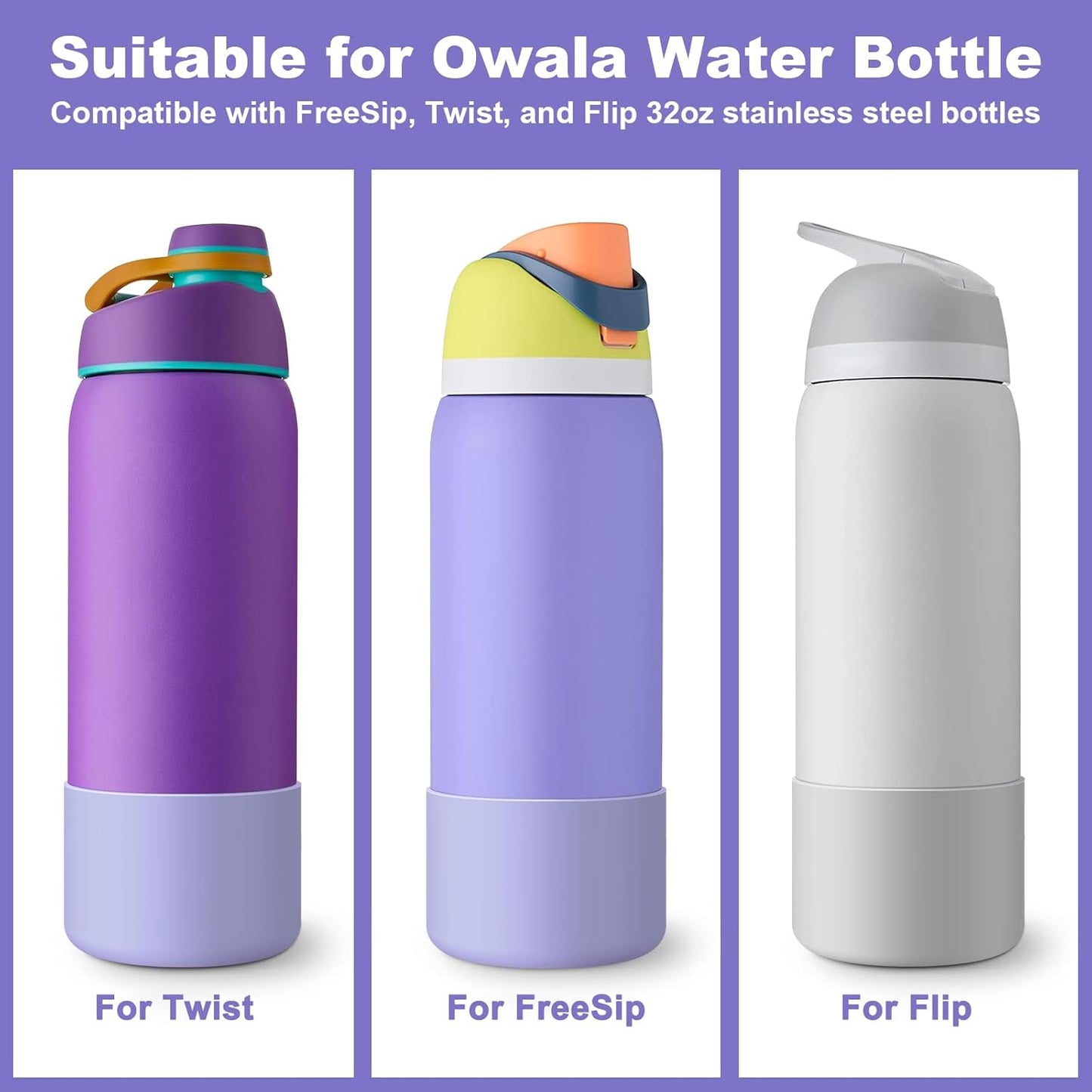 2PCS Silicone Water Bottle Boot for Owala 24oz 32oz 40oz, Protective Bottom Bumper Anti-Slip Sleeve for FreeSip, Twist, and Flip Stainless Steel Bottles, Dishwasher Safe and BPA Free