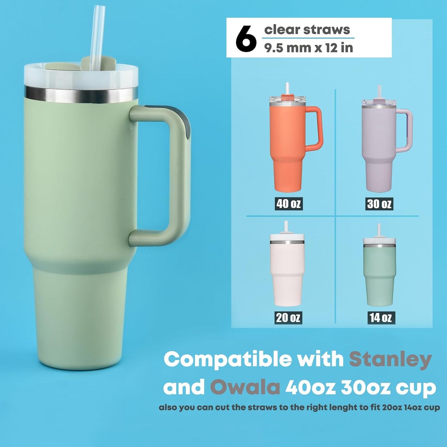 [DISHWASHER SAFE] 6 Pack Replacement Straws for Stanley 40 oz 30 oz Cup Tumbler, 12 inch Long Clear Reusable Plastic Straws with Brush for Stanley, Owala, Yeti Tumbler, BPA FREE