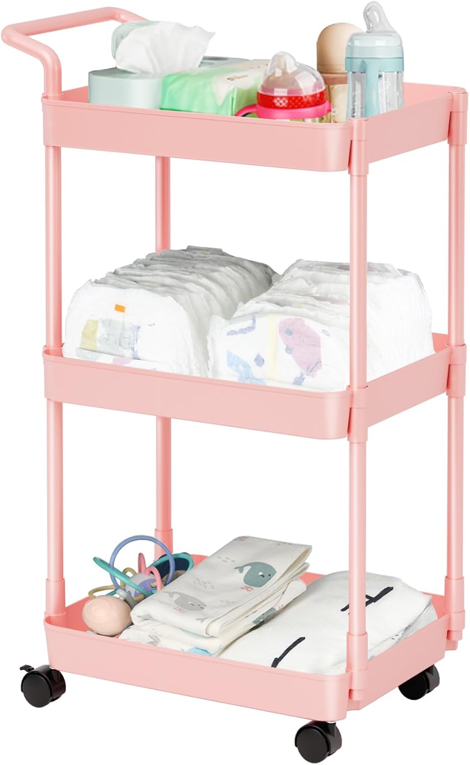 Baby Diaper Caddy – Plastic Diaper Organizer for Nursery Essentials, Movable Cart for Changing Table & Crib, Easy to Assemble, Pink
