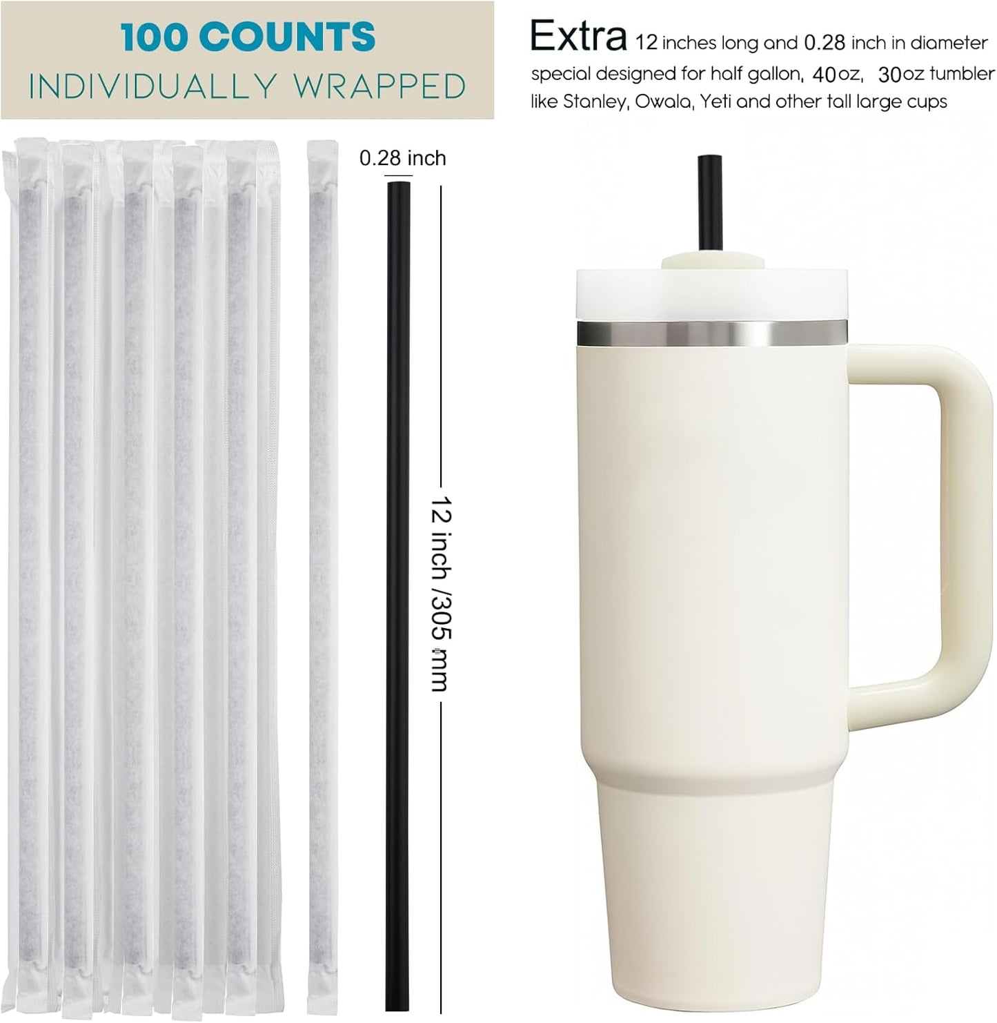 ALINK 100 Pcs Long Disposable Straws for Stanley 40 oz 30 oz Tumbler, 12 inch Black Plastic Straws for Stanley, Owala, Yeti 40 OZ 30 OZ Cup, Individually Wrapped
