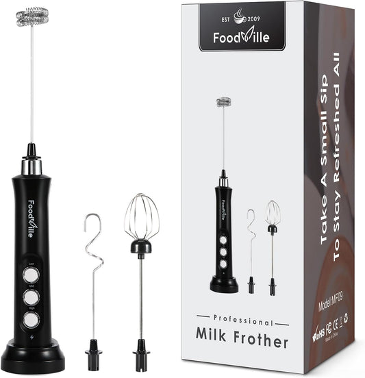 MF09 3 in 1 Rechargeable Milk Frother Handheld Foam Maker with Charging Stand & 3 Stainless Steel Whisks (Black without Case)