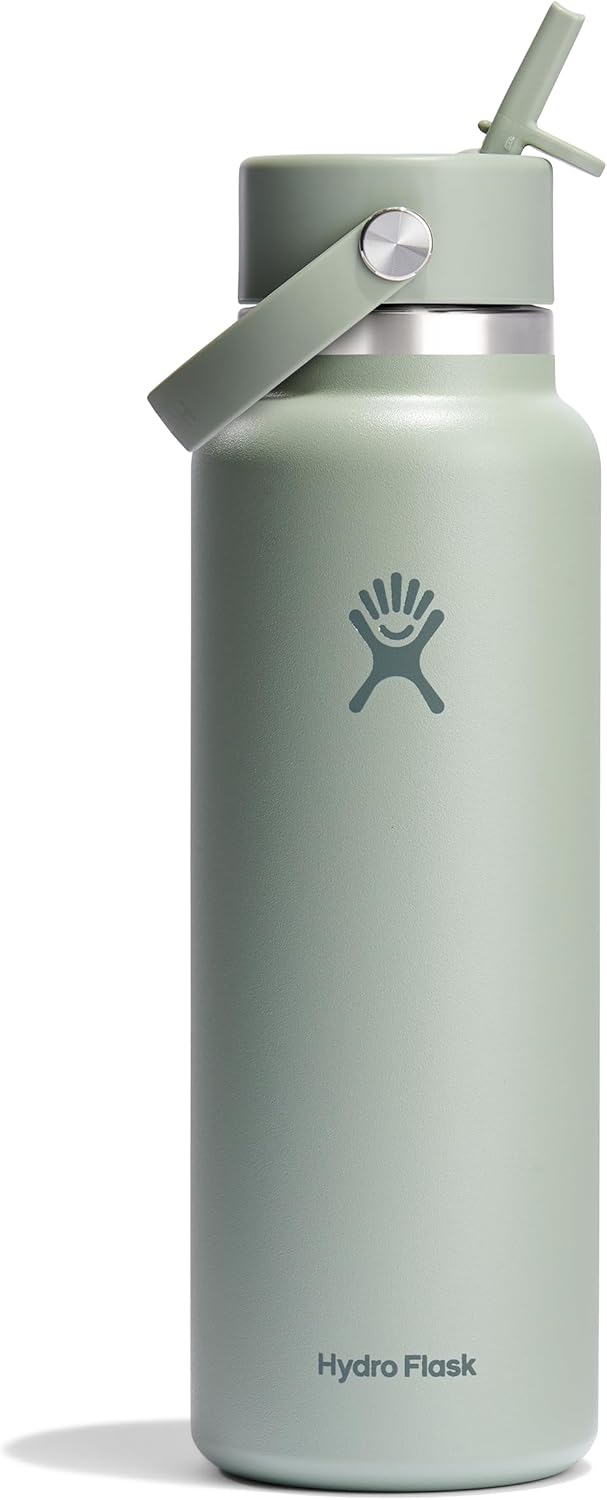 Hydro Flask Water Bottle - Insulated Stainless Steel - Wide Mouth Flex Straw Lid, Non Spill, Leakproof and Refillable in 40 Oz Tonal Agave