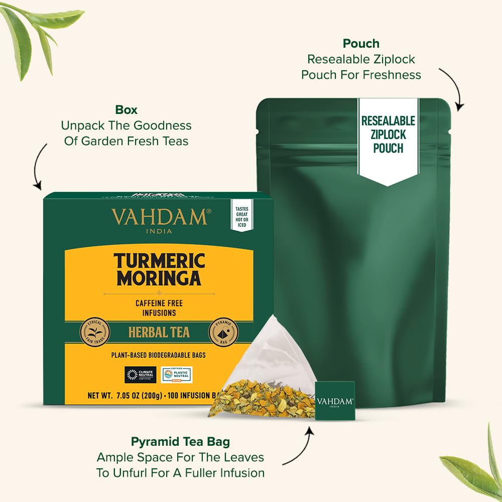 VAHDAM, Turmeric Moringa Tea Bags (100 Herbal Tea Bags) Caffeine Free, Non GMO | 100% Pure Herbal Blend - Sweet & Earthy | Resealable Ziplock Pouch