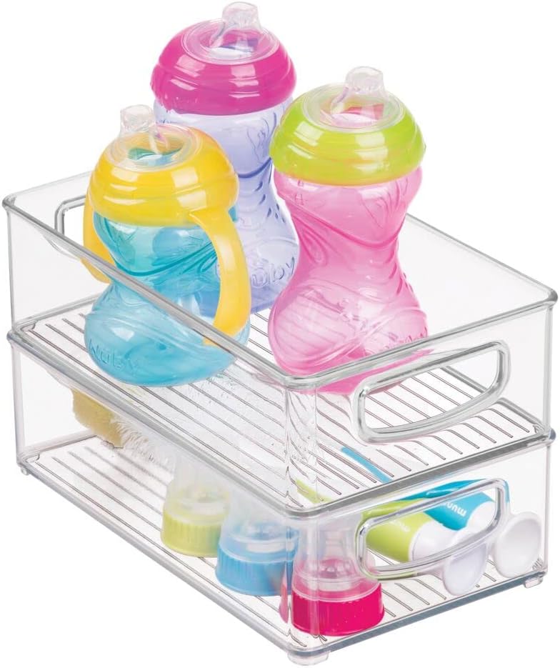 mDesign Small Plastic Baby Nursery and Food Organizer -Storage Holder Bin with Handles for Closet, Cupboard, Cabinet, Drawers, Shelves - Holds Canned Food, Bottles, Formula - Ligne Collection, Clear