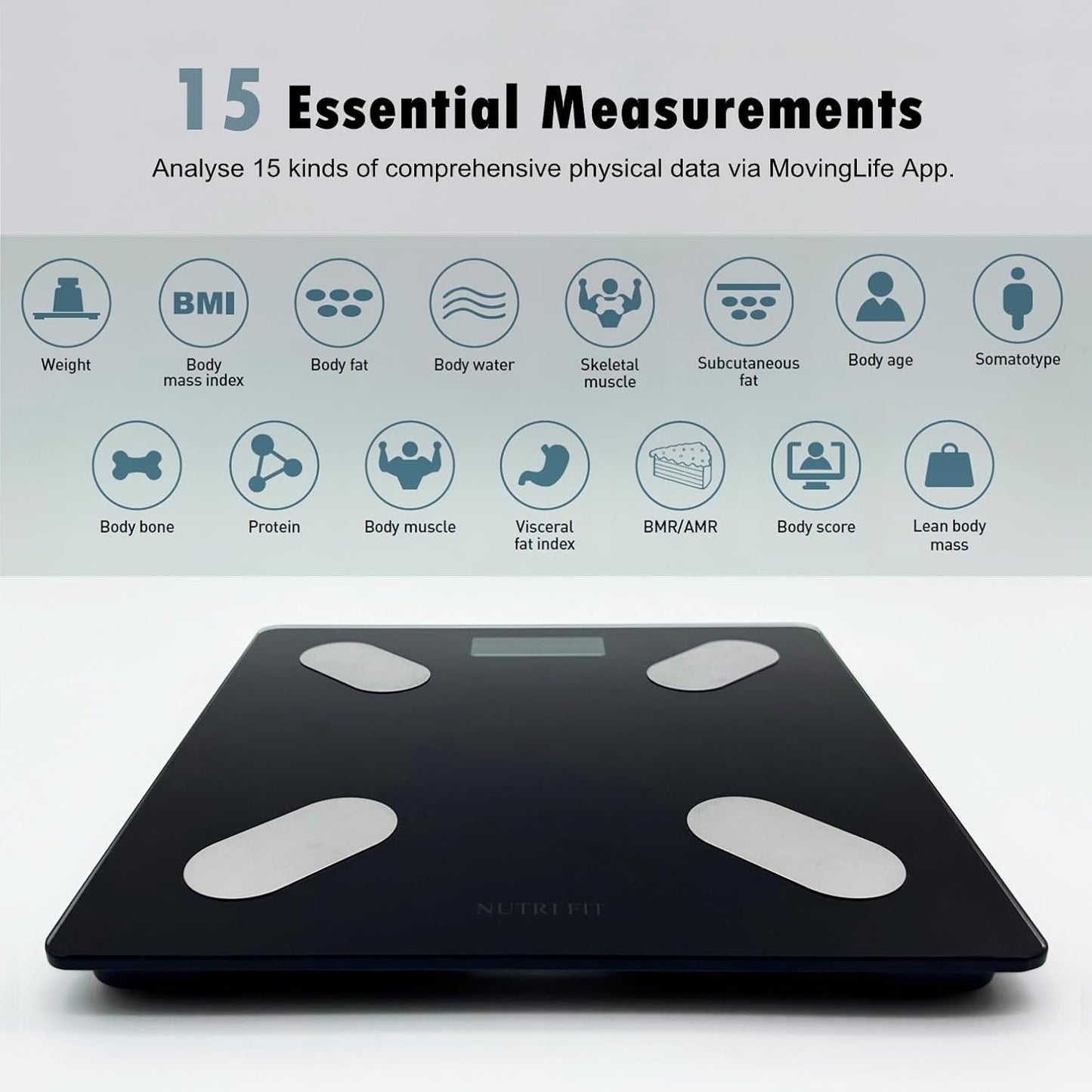 NUTRI FIT Smart Scale for Body Weight Body Composition Monitor, Bathroom Digital Weighing Scale with BMI, Body Fat, Muscle Mass, Accurate Bluetooth Home User Health Equipment Sync Apps