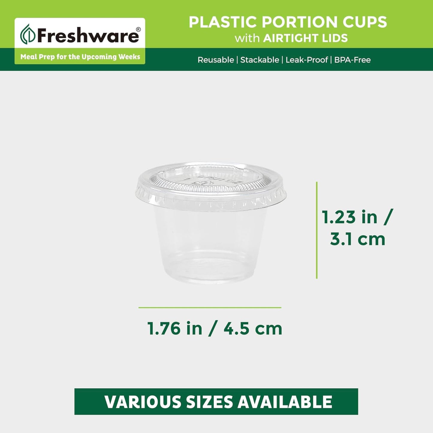 Freshware Plastic Portion Cups with Lids [1 Ounce, 200 Sets] Disposable Plastic Cups for Meal Prep, Salad Dressing, Jellos Shot Cups, Souffle Cups, Condiment and Dipping Sauce Cups