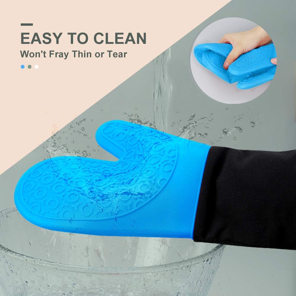 sungwoo Extra Long Silicone Oven Mitts, Heat Resistant Oven Gloves with Quilted Liner Non-Slip Textured Grip Perfect for BBQ, Baking, Cooking and Grilling - 1 Pair 14.6 Inch Blue & Black