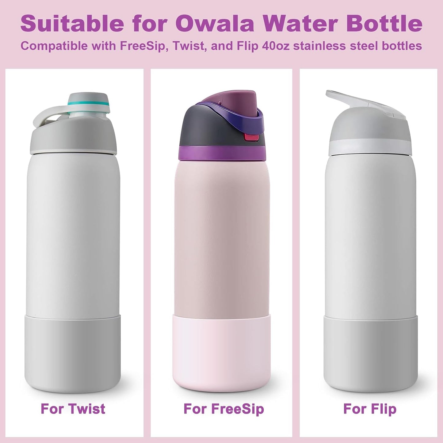 2PCS Silicone Water Bottle Boot for Owala 24oz 32oz 40oz, Protective Bottom Bumper Anti-Slip Sleeve for FreeSip, Twist, and Flip Stainless Steel Bottles, Dishwasher Safe and BPA Free