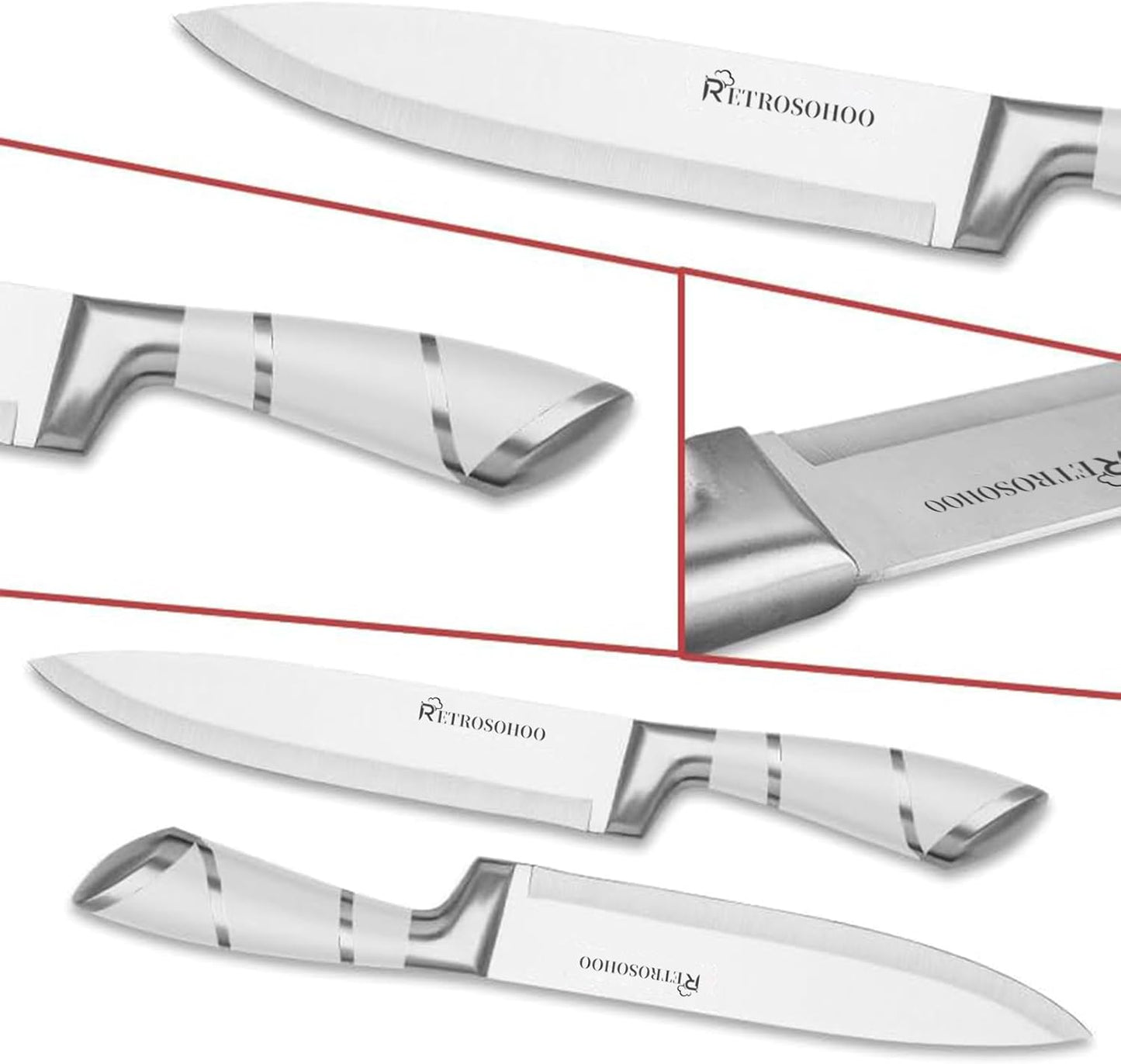 Kitchen Knife Set, Retrosohoo 9-Piece White Sharp Non-Stick Coated Chef Knives Block Set,Stainless Steel Knife Set for Kitchen with Sharpener for Cutting Slicing Dicing Chopping (White)