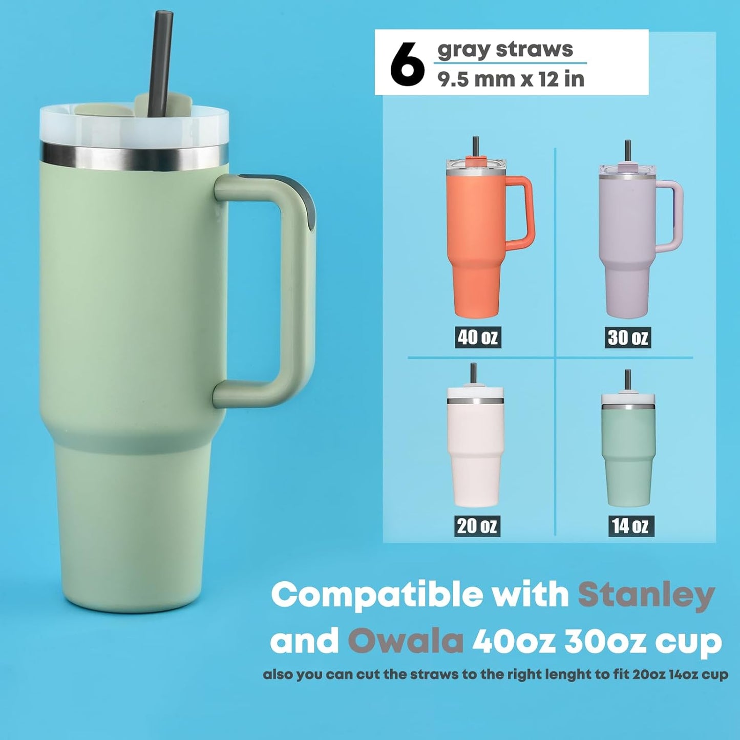 [DISHWASHER SAFE] 6 Pack Replacement Straws for Stanley 40 oz 30 oz Cup Tumbler, 12 inch Long Gray Reusable Plastic Straws with Brush for Stanley, Owala, Yeit Tumbler, BPA FREE