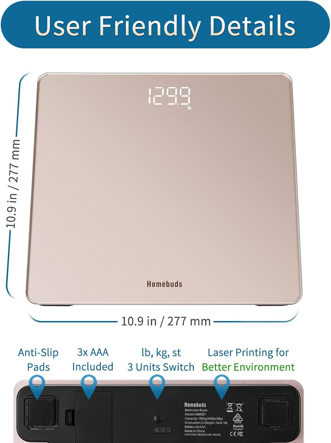 Homebuds Digital Bathroom Scale for Body Weight, High Precision Assured by Weight Scale Professional Factory Since 2001, Bright White LED and Step-On, 3*AAA Batteries Included, 400lb/182kg, Rose Gold