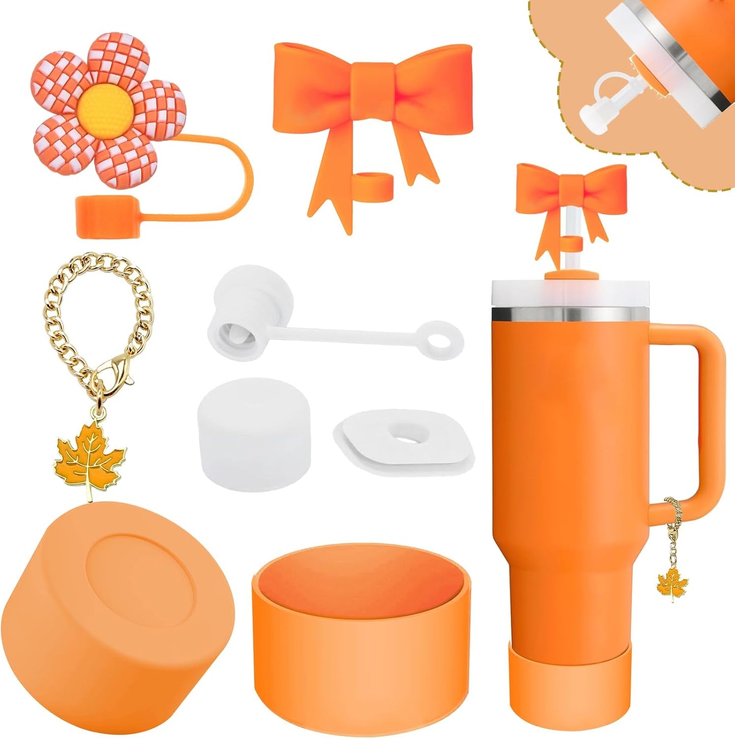 Stanley Cup Accessories Set,Including 2 Pcs 0.4in Straw Cover, 1 Silicone Spill-Proof Stopper Set of 3, 1 Cute Maple Handle Charm, 1 Silicone Boot Fits Stanley 40&30 Oz Tumbler (Tigerlily Plum)
