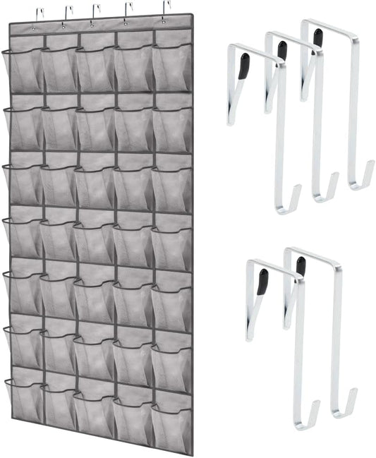 GORILLA GRIP Over the Door Shoe Organizer, 35 Large Breathable Mesh Pockets, Space Saving Hanging Storage Holder, 5 Hook Closet Rack Hanger, Hangs on Closets for Shoes, Accessories 68.5H x 24.5W Gray