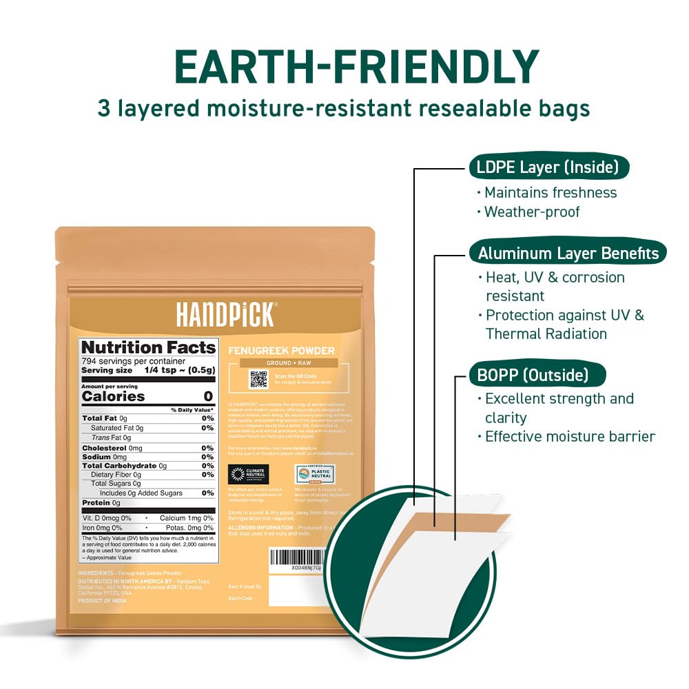 Fenugreek Powder (397g/14oz) Non GMO, Gluten Free, 100% Raw Methi Seeds, Sourced from India, For Cooking, Packed in Resealable Ziplock Pouch